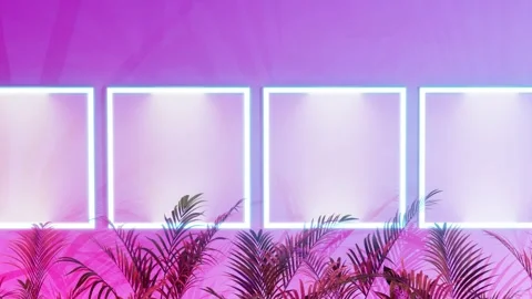 Neon blue light frames, mockup posters on white wall, pink light, tropical plant Stock Footage 201533048