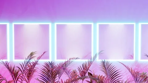Neon blue light frames, mockup posters on white wall, pink light, tropical plant Stock Footage 201554766