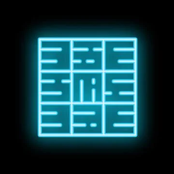 Neon blue light glowing on a black wall and forming a maze icon Stock Illustration