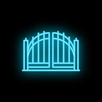 Neon blue light glowing on a gate icon in black background Stock Illustration
