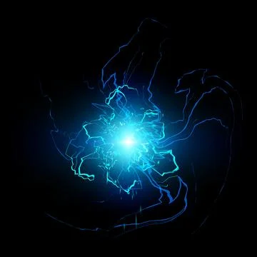 Neon blue lightning strike with a bright flash in the center, high-voltage Stock Illustration