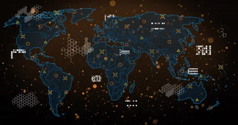 Neon-blue line animating from left into map, icons, hex clusters, particles Stock Footage 312481825