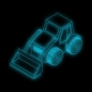Neon blue loader excavator construction machinery on black background Stock Illustration