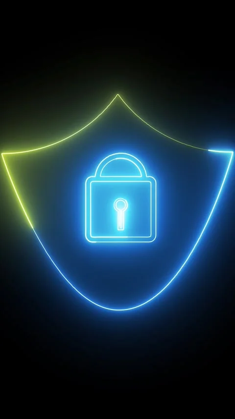 Neon Blue Lock Icon Protected by Glowing Shield Outline in Blue and Yellow .. Stock Footage 337460067