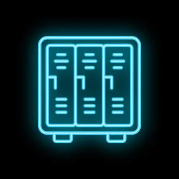 Neon blue locker icon glowing against a black background Stock Illustration