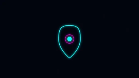 Neon blue map marker icon with a glowing center circle on black background Stock Footage 338310272