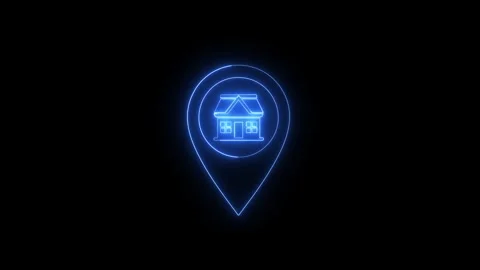 Neon blue map pin icon with house symbol inside glowing against black backg.. Stock Footage 338252936