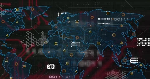 Neon-blue map tracing NA, expanding, skull emblem pulsing, symbols glitching Stock Footage 329126078
