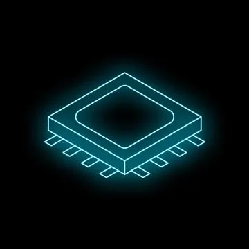 Neon blue microchip glowing on dark background Stock Illustration