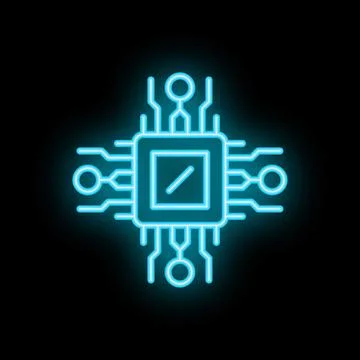 Neon blue microchip icon glowing on black background Stock Illustration