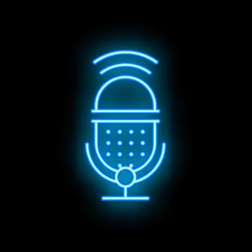Neon blue microphone transmitting audio waves icon Stock Illustration