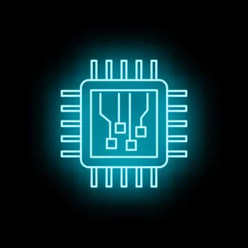 Neon blue microprocessor chip glowing on black background Stock-Illustration