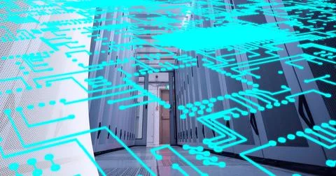 Neon blue microprocessor connections against computer server room in background Illustrazione stock