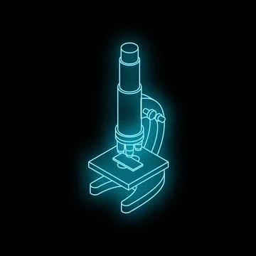 Neon blue microscope shining in darkness, scientific research and discovery Illustrazione stock