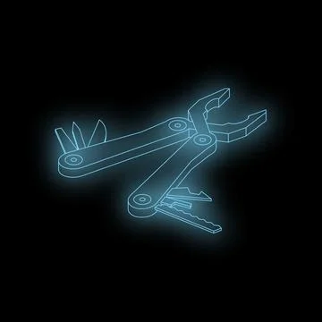 Neon blue multitool pliers glowing on dark background Stock Illustration