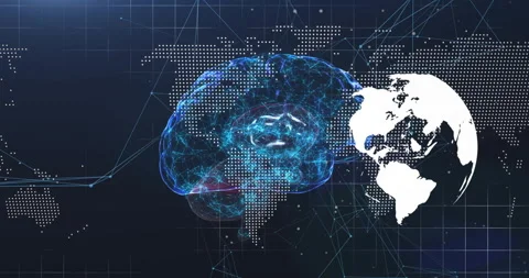 Neon-blue neural network materializing sparking brain pulsing and globe spinning Stock Footage 315787047