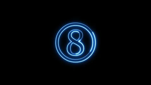 Neon blue number eight glowing inside circle motion isolated on black backg.. Stockbeeldmateriaal 337330904