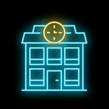 Neon blue office building with clock over roof at night illustration Ilustração Stock