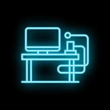 Neon blue office desk with computer icon representing workspace Stock Illustration