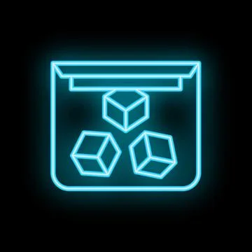 Neon blue open package with falling cubes inside on black background Stock Illustration