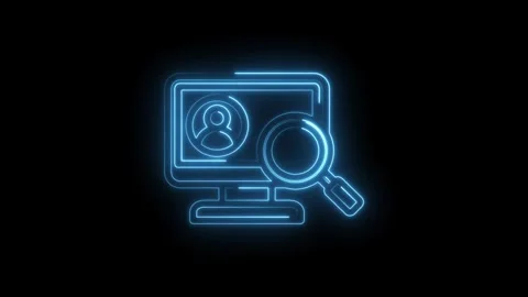 Neon blue outline of computer screen with user profile icon and magnifying glass Stock Footage 333959857