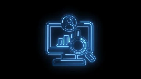 Neon blue outline of computer screen displaying bar graph and magnifying glass 스톡 동영상 333963361