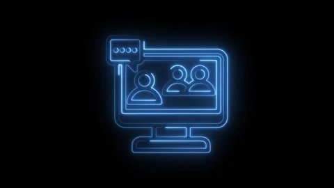 Neon blue outline of computer screen displaying three people icons and spee.. Stock Footage 346830169