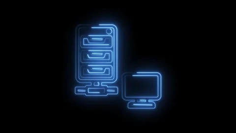 Neon blue outline of a computer server tower and desktop monitor on a icon black Stock Footage 333958024