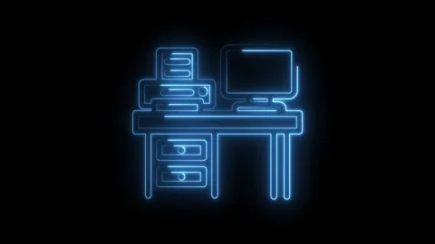 Neon blue outline of desk with computer and printer on black background Stock Footage 330777487