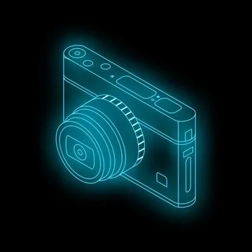 Neon blue outline of a digital camera illustrating photography Stock Illustration