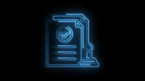 Neon blue outline of a document with a checkmark and a stamp signifying approval Stock Footage 333955054