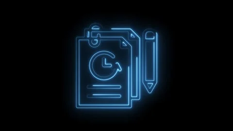 Neon blue outline of document pages with paperclip and pencil icon symbolizing Stock Footage 333955255