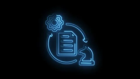 Neon blue outline of a gear document and chess knight in a circular process flow Stock Footage 333968752