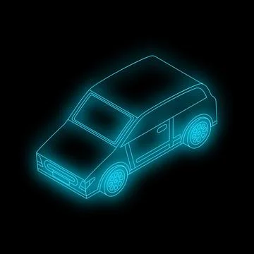 Neon blue outline of a generic hatchback car shining on black background Stock Illustration