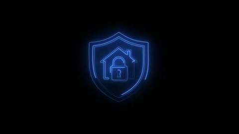 Neon blue outline home security shield icon pulsating on black background d.. Stockbeeldmateriaal 338252973