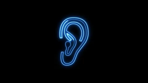 Neon blue outline of human ear symbol glowing on black background. Stock Footage 337081817