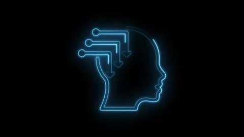 Neon blue outline of human head with digital data streams flowing into brain Stock Footage 333951703