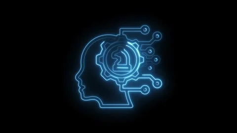 Neon blue outline of a human head profile with a chess knight inside a gear and Stock Footage 333959416