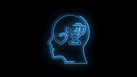 Neon blue outline of human head profile with glowing heart and trophy inside Stock Footage 333966074