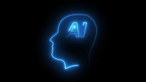 Neon Blue Outline of Human Head with AI Text Inside on animated Black Backg.. Stock Footage 337363278