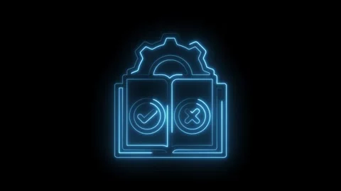 Neon blue outline of an open book with a checkmark and cross symbol inside .. Stock Footage 346014919