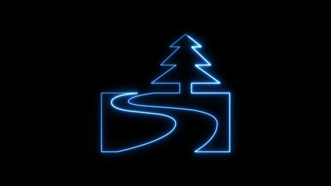 Neon blue outline of pine tree and winding path on black backdrop. 動画素材 337081789