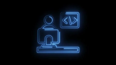 Neon blue outline of a programmer at a computer with code symbols on screen.. Stock-Footage 346826871