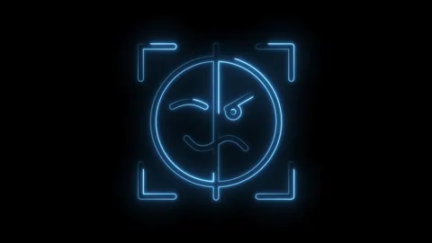 Neon blue outline of a split face emoji with one side winking and the other Stock Footage 333952756
