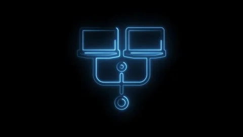Neon blue outline of two connected laptops forming a network diagram on black Vídeo Stock 333961957