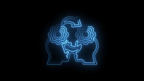 Neon blue outline of two human heads facing each other with interlocking gears Stock Footage 333962608