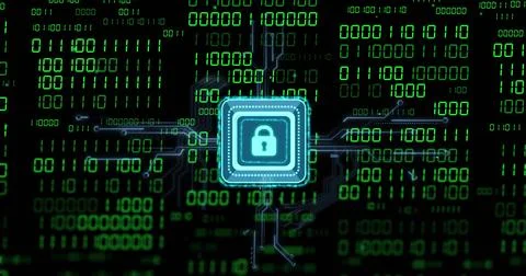 Neon-blue padlock chip receiving signal, pulsing halo and routing traces into Stock Illustration