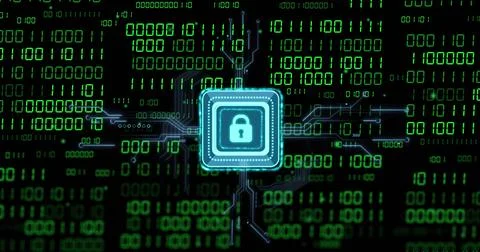 Neon-blue padlock chip receiving signal, pulsing halo and routing traces into Stock Illustration