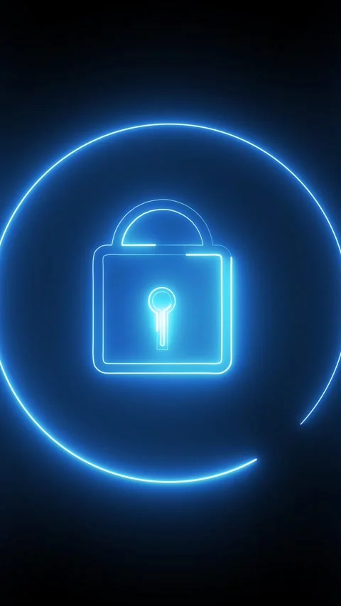 Neon blue padlock icon with a circular glowing outline on a dark background.. Stock Footage 337460034