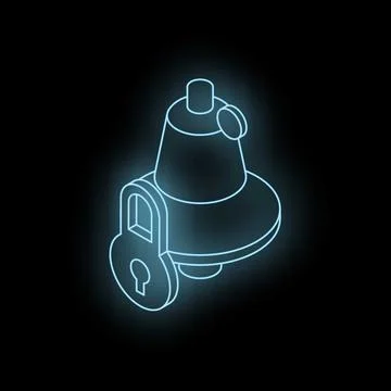 Neon blue padlock securing notification bell on black background Stockillustratie